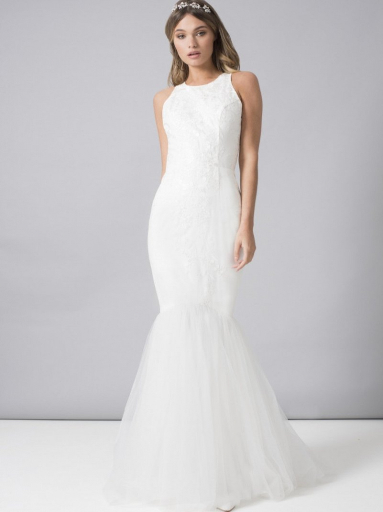 Biele dlhé čipkované svadobné šaty s výstrihom morská panna 255C