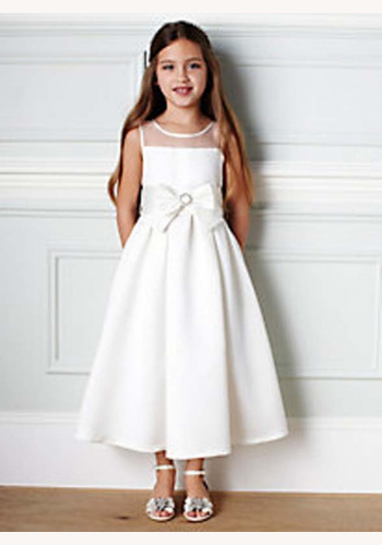 Biele dievčenské midi šaty s mašľou bez rukávov 014W