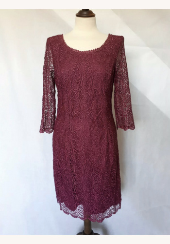 Tmavoružové/bordové čipkované spoločenské midi šaty s dlhým rukávom 476C