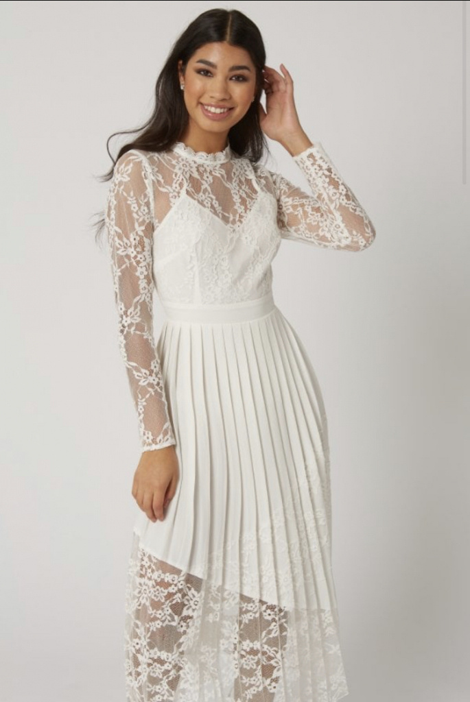  Biele midi čipkované šaty s dlhým rukávom 478L