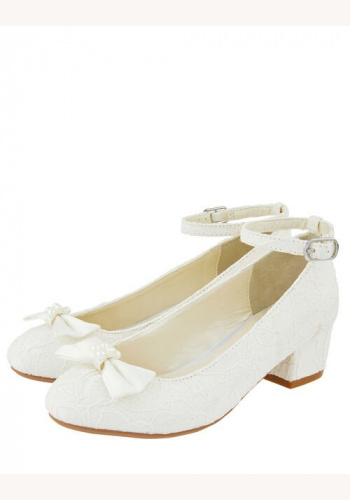 Bielo-smotanové dievčenské čipkované perlové topánky na nízkom opätku 098M