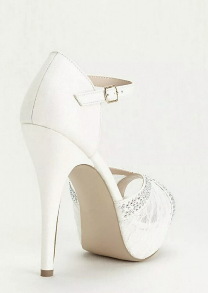 Biele svadobné čipkované topánky na platforme s diamantami 099DBC