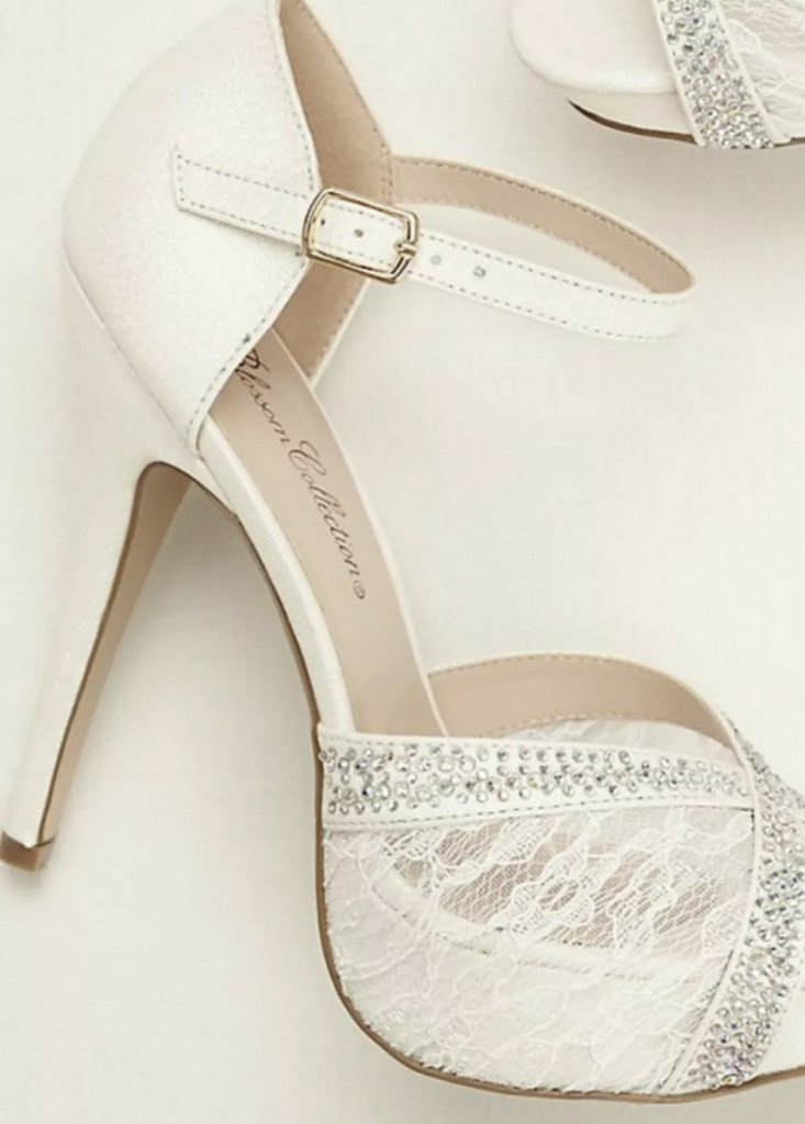Biele svadobné čipkované topánky na platforme s diamantami 099DBC