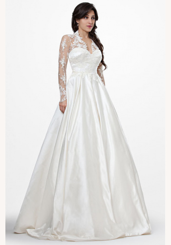 Smotanové dlhé čipkované svadobné šaty s dlhým rukávom Kate 262JS
