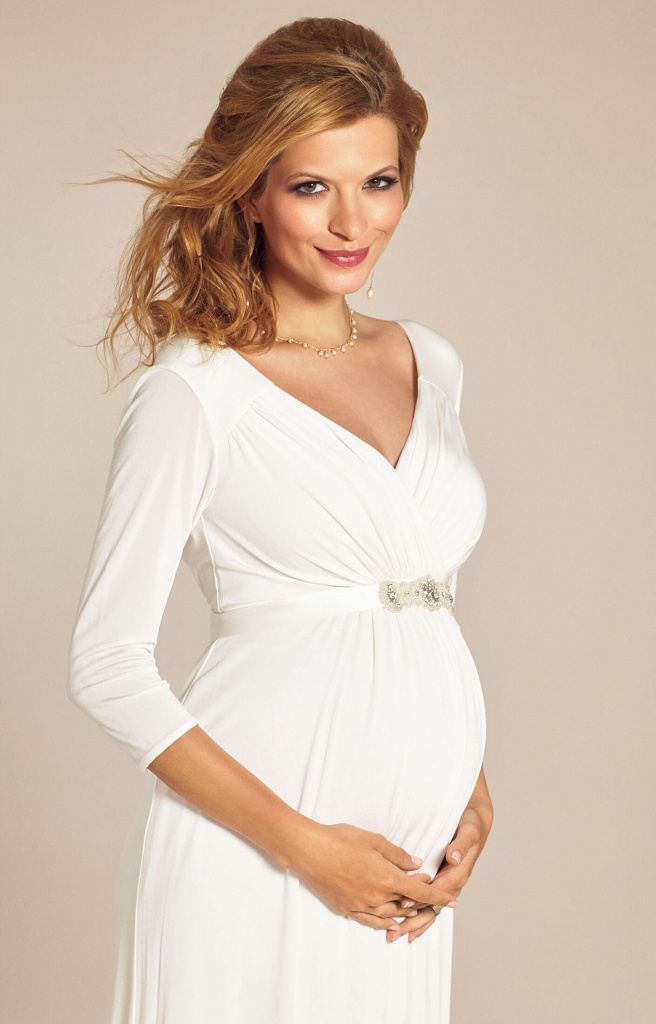 Tiffany Rose smotanové midi tehotenské šaty s výstrihom s 3/4 rukávom 480TR