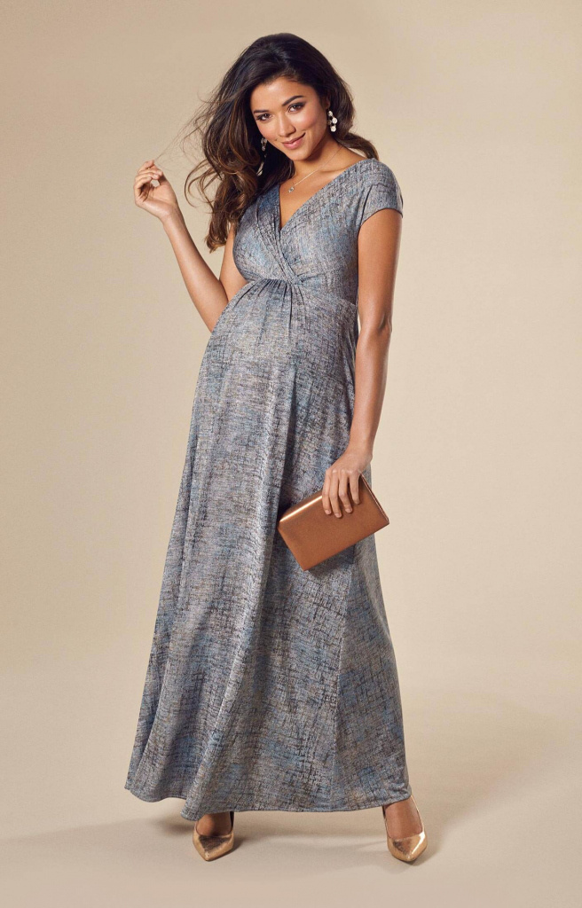 Tiffany Rose bronzovo-modré dlhé tehotenské šaty s krátkym rukávom 264TR