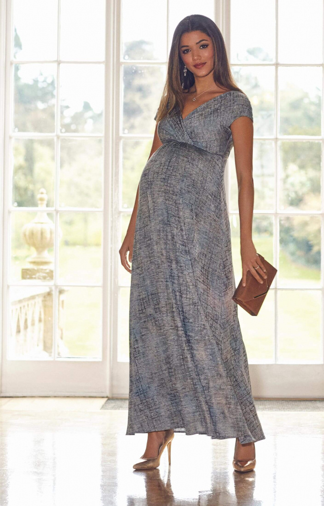 Tiffany Rose bronzovo-modré dlhé tehotenské šaty s krátkym rukávom 264TR