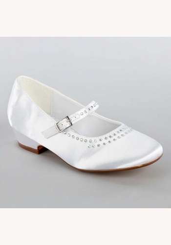 Biele saténové topánky s kamienkami na nízkom opätku 002