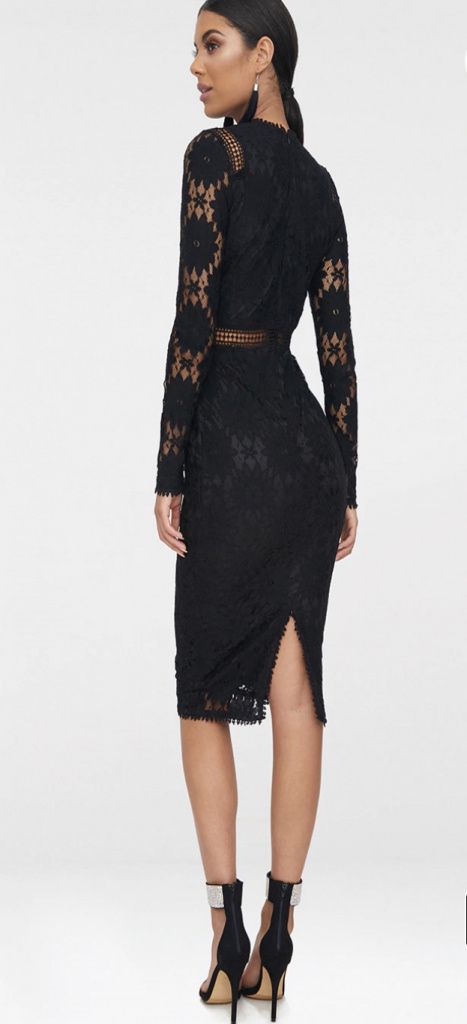 Čierne midi úzke šaty s čipkou s dlhým rukávom 484Pa