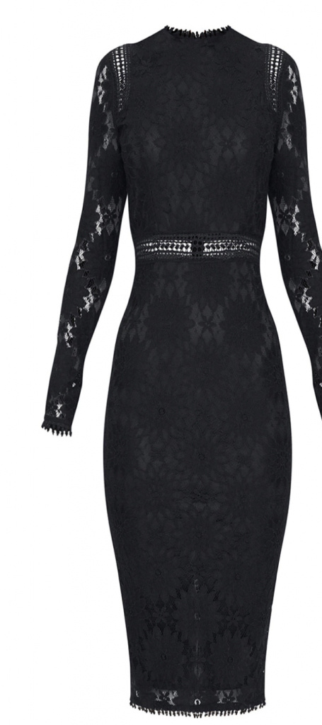 Čierne midi úzke šaty s čipkou s dlhým rukávom 484Pa