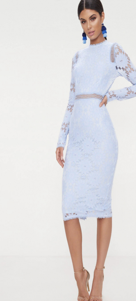 Prachovo modré midi úzke šaty s čipkou s dlhým rukávom 484Pb