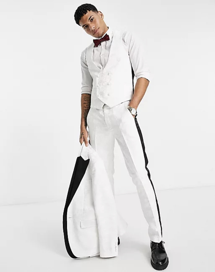 Biely pánsky svadobný 3-dielny brokátový oblek slim fit 0114A