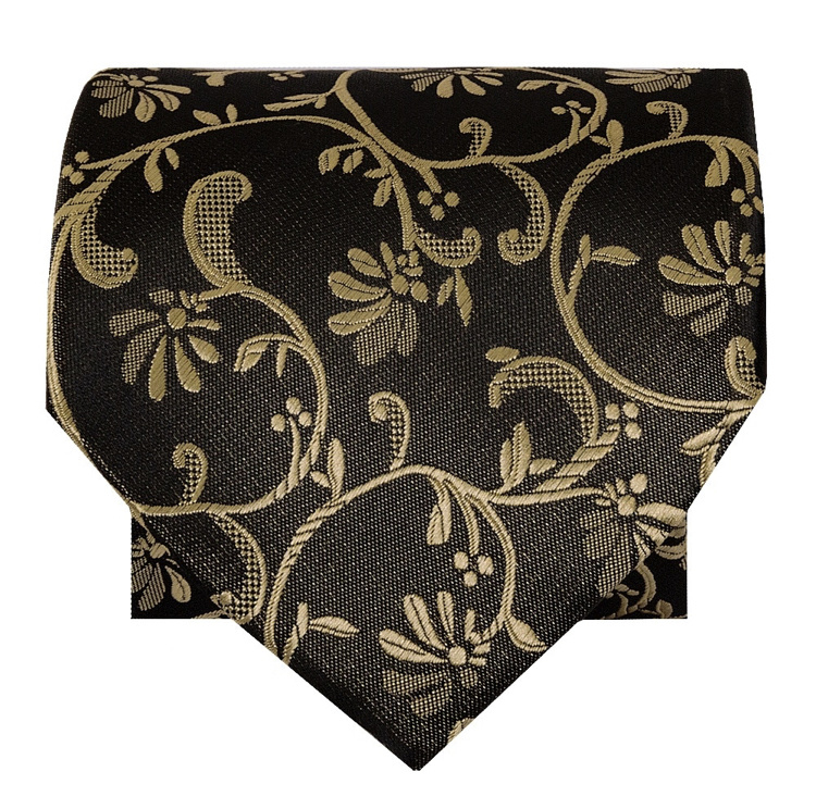 Čierna pánska klasická kravata so zlatou kvetinovou potlačou 059TR