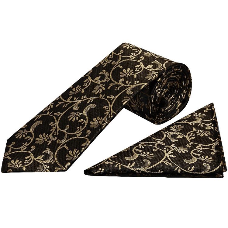 Čierna pánska klasická kravata so zlatou kvetinovou potlačou a vreckovkou 059TRa