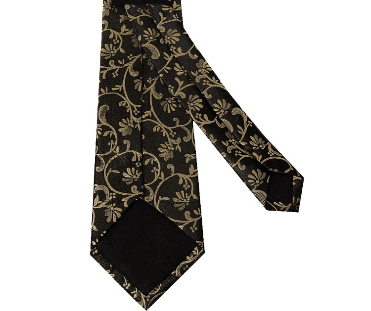 Čierna pánska klasická kravata so zlatou kvetinovou potlačou a vreckovkou 059TRa