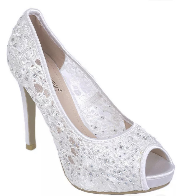 Bielo-slonovinové svadobné čipkované topánky na vysokom opätku 0100E