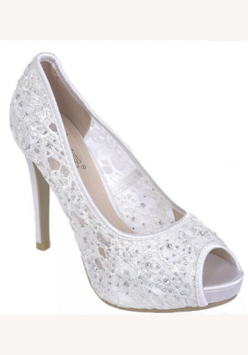 Bielo-slonovinové svadobné čipkované topánky na vysokom opätku 0100E
