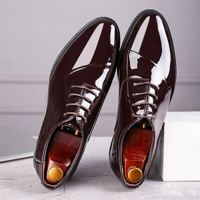 Hnedé pánske formálne lakované Oxford topánky na šnurovanie 022Ea