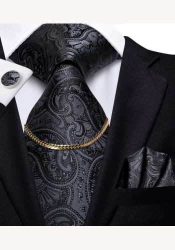 Čierna hodvábna kravata so zlatou sponou s vreckovkou a manžetovými gombíkami 060AXa