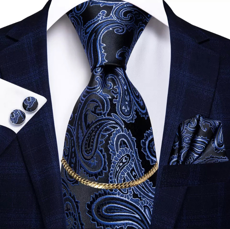 Modrá hodvábna kravata so zlatou sponou s vreckovkou a manžetovými gombíkami 060AXb