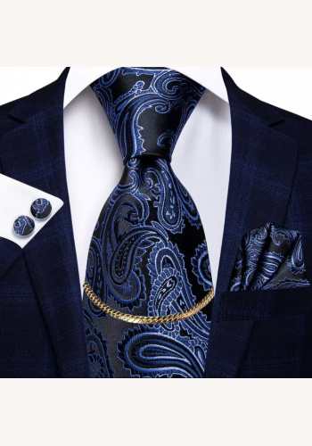 Modrá hodvábna kravata so zlatou sponou s vreckovkou a manžetovými gombíkami 060AXb