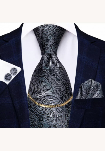 Šedo-čierna hodvábna kravata so zlatou sponou s vreckovkou a manžetovými gombíkami 060AXc