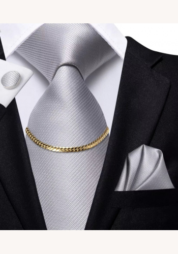 Šedá hodvábna kravata so zlatou sponou s vreckovkou a manžetovými gombíkami 060AXd