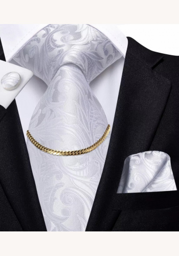 Strieborno-biela hodvábna kravata so zlatou sponou s vreckovkou a manžetovými gombíkami 060AXe