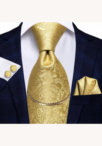 Zlato-žltá hodvábna kravata so zlatou sponou s vreckovkou a manžetovými gombíkami 060AXf