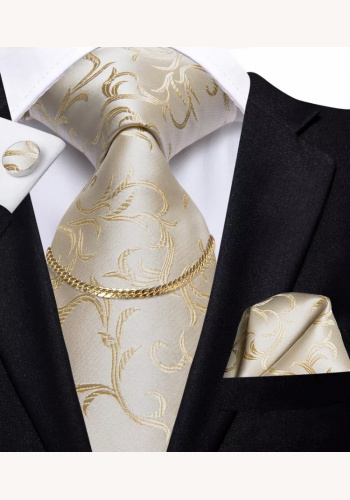 Zlato-béžová hodvábna kravata so zlatou sponou s vreckovkou a manžetovými gombíkami 060AXg