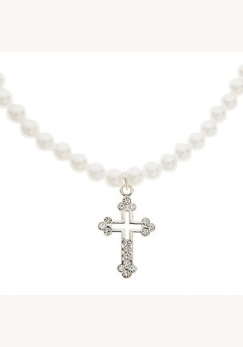 Biely perlový set náhrdelníka s náramkom so strieborným krížikom so štrasom 044