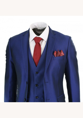 Modrý pánsky 3-dielny lesklý svadobný oblek tailored fit 0112E
