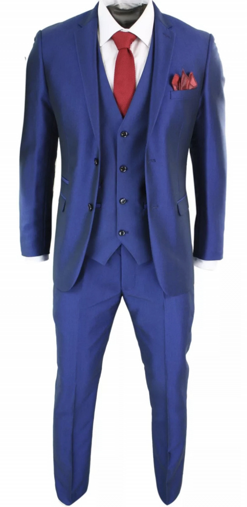 Modrý pánsky 3-dielny lesklý svadobný oblek tailored fit 0112E
