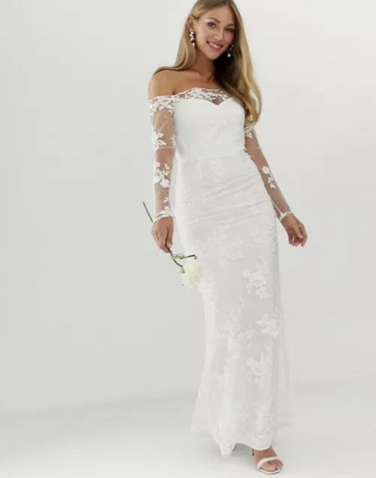 Biele dlhé svadobné vyšívané flitrové sieťované šaty s dlhým rukávom 432L