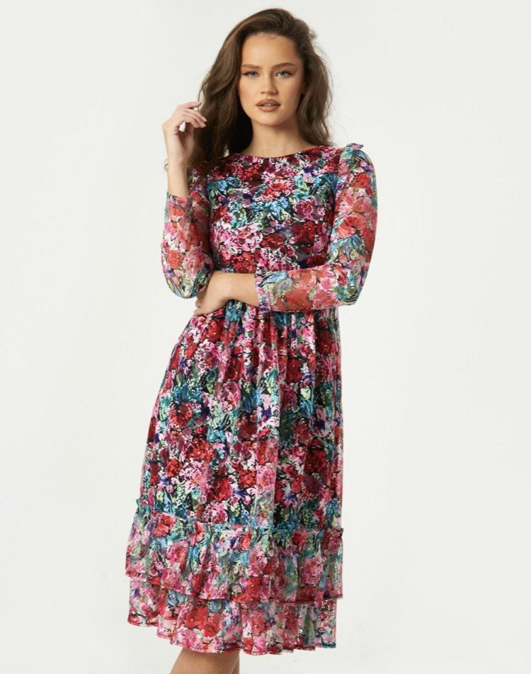 Viacfarebné čipkované midi šaty s kvetinovou potlačou 0302L