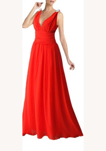 Červené dlhé šaty s výstrihom na hrubé ramienka 048BE