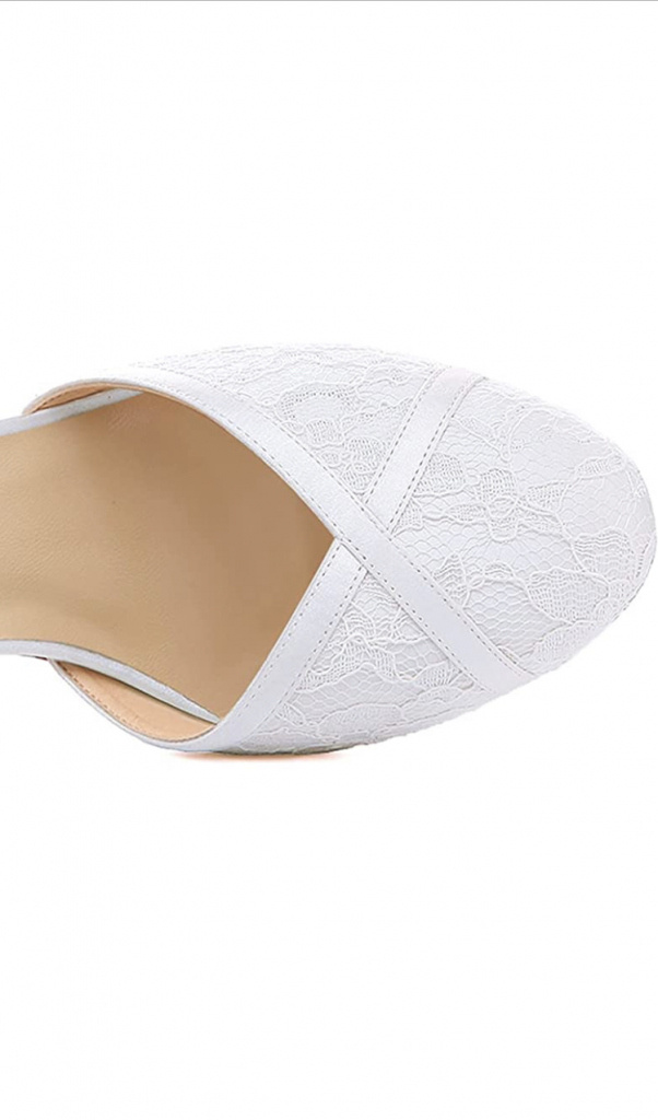 Biele svadobné čipkované topánky na nízkom opätku 015AZ