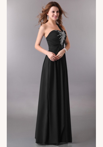 Čierne dlhé šaty s flitrami na jedno rameno 059