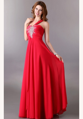 Červené dlhé šaty s flitrami na jedno rameno 059a