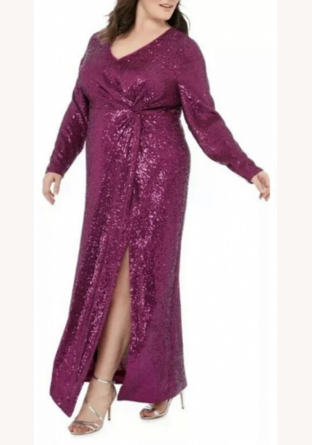 Plus purpurové dlhé večerné flitrované šaty s dlhými rukávmi 0431D