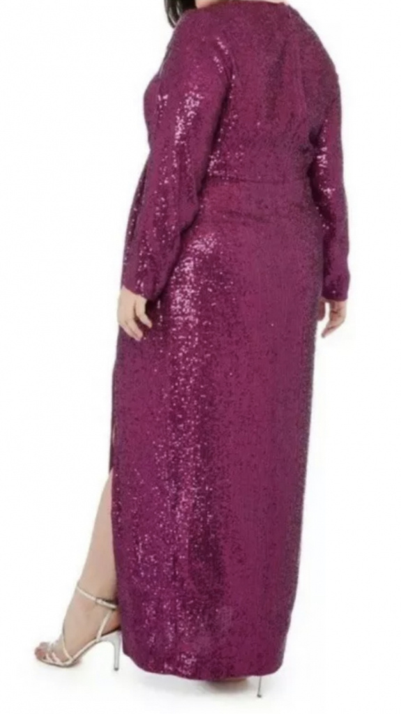 Plus purpurové dlhé večerné flitrované šaty s dlhými rukávmi 0431D