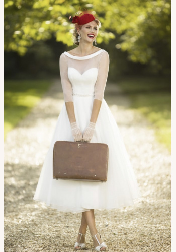 Brighton Belle bielo-smotanové vintage midi šaty s priesvitným bolerom 299BB