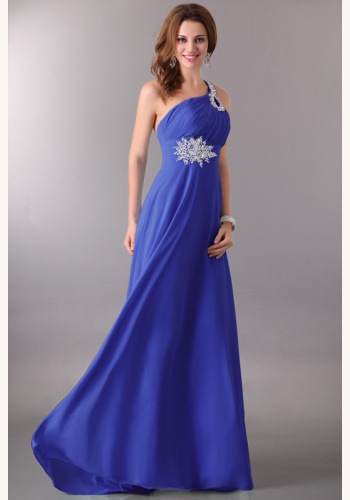 Modré dlhé šaty s flitrami na jedno rameno 063Ea
