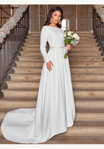 Biele dlhé svadobné šaty s dlhým rukávom a zdobením 434C