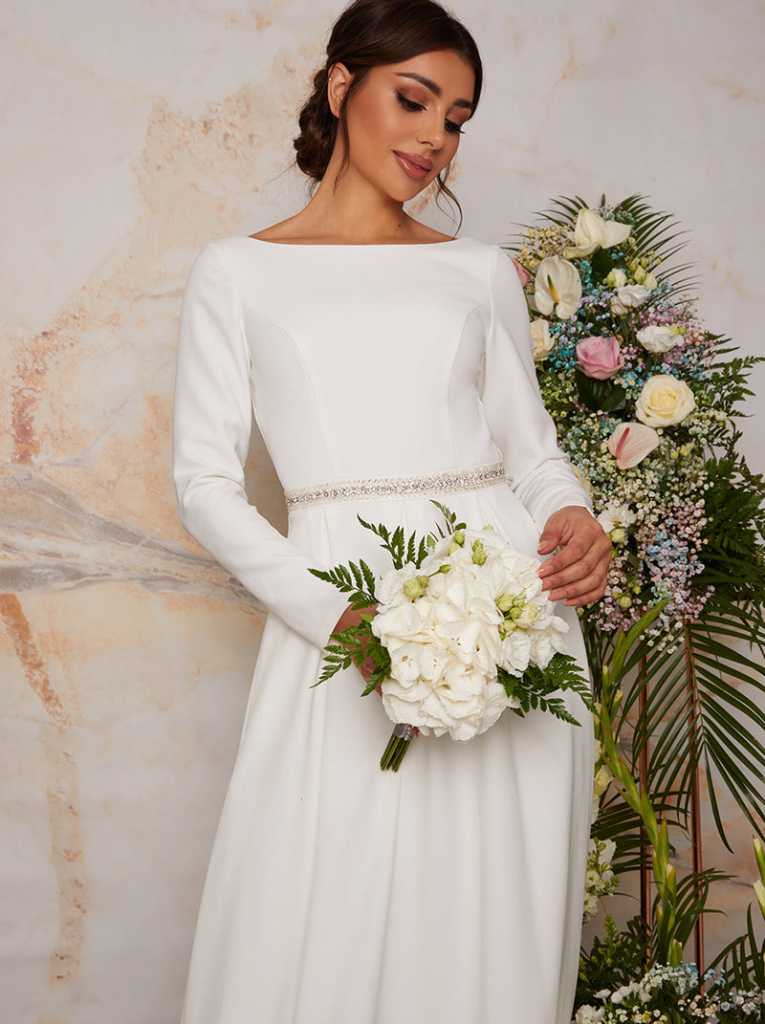 Biele dlhé svadobné šaty s dlhým rukávom a zdobením 434C