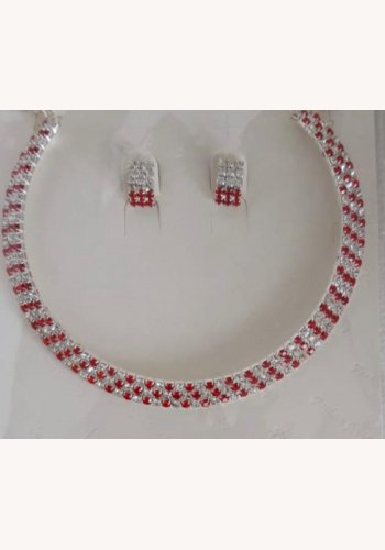 Strieborný štrasový set náhrdelníka s náušnicami rubín 073FJ