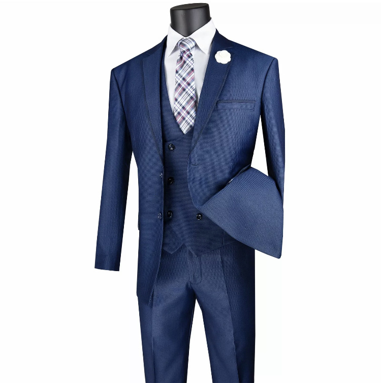Modry pánsky 3-dielny birdseye oblek slim fit 0115V