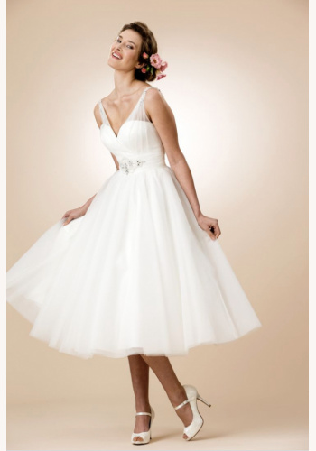 Brighton Belle bielo-smotanové vintage midi šaty s diamantovým pásom 300BB