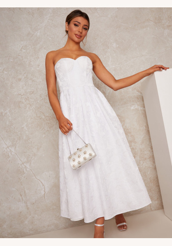 Biele svadobné kvetinové brokátové midi šaty bez ramienok 306C
