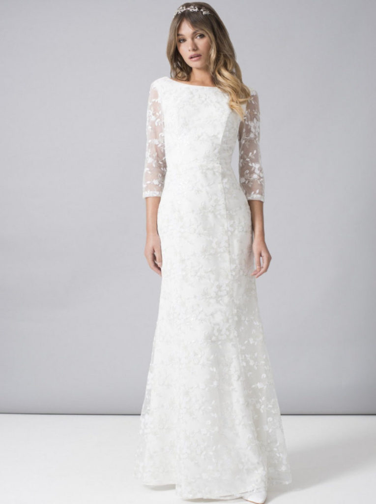 Biele dlhé zdobené čipkované svadobné šaty 308C